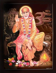 Sai Baba Giving Blessing with Om Symbol and Shivling a Elegant and Religious Poster with Framing For
