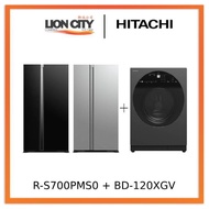 Hitachi R-S700PMS0-GBK/GS 595l Side-by-side Fridge (2 Ticks) + Hitachi BD-120XGV Front Load Washer AI Wash, Auto Dosing