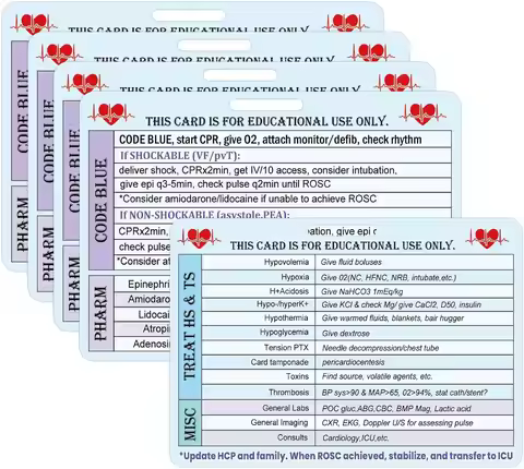5 Pack ACLS Reference Card Heart CPR Code Blue EMT/RN/MD Cards for Medical 2.9 * 4.1 Inch ACLS Survi