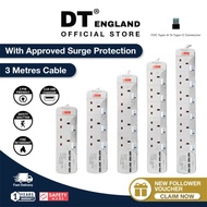 DT England 3M Extension Socket Cord With 4 USB , Approved Surge Protection ( 3 Metre )