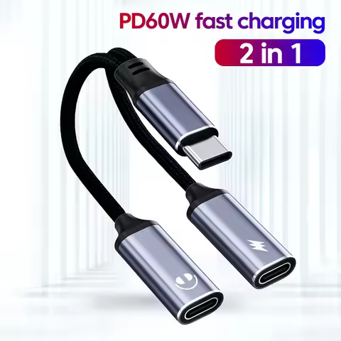 2 in 1 USB C Adapter Type-C to Type-C PD60w Charging + Type-C Audio Data Transmission Connector For 