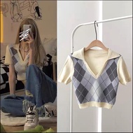 [SG S] Retro Aztec Hexagonal Printed Polo Collar Knit Sleeve Top