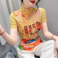 YIMEI เสื้อสไตล์จีนโบราณแขนสั้นสำหรับผู้หญิงเสื้อยืดมีกระดุมพิมพ์ลายแฟชั่นเสื้อเชิ้ตตัวเล็กตาข่ายเซ็กซี่