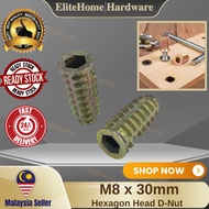 【EliteHome】(1 Pc) Furniture Fasteners D-NUT M8 x 30mm Wood Insert Nut Insert Nut Screw Threaded Nuts