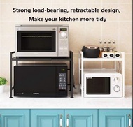 現貨🐰🐰伸縮式落地微波爐架，雙層廚房伸縮置物架，碳鋼，3個掛鉤，伸縮尺寸43-65厘米