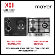 MAYER MMSS633 / MMGH633 60CM 3 BURNER STAINLESS STEEL/GLASS GAS HOB - 2 YEARS MANUFACTURER WARRANTY 
