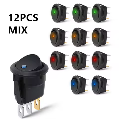 12Pcs Rocker Switch Toggle 12v SPST 3 Pins 2 Position ON/Off Blue LED Light Illuminated Boat Switch