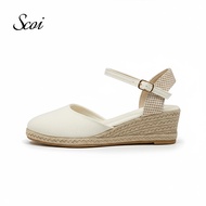 SCOI Sepatu Wedges Wanita Cream Kanvas Espadrilles Tali Ankle Elegan