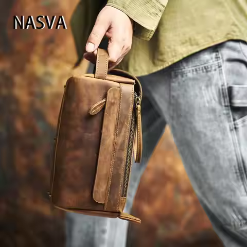 NASAV Leather Retro Men's Clutch Bag Women's Cosmetic Bag Large Capacity Organiser Men's Handbag