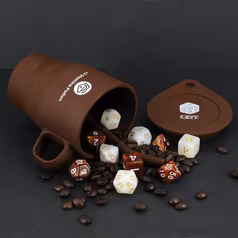 DND Coffee & Sugar Themed Dice Set (14 PCS) with +3 Stamina Potion Silicone Mug, 7 Acrylic Resin Pol