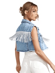 Women's Fringe Raw Trim Sleeveless Denim Vest Jean Jacket Coat