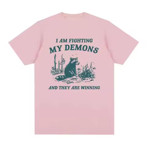 2006 Fighting My Demons Raccoon Meme T Shirts Funny Women Fashion Harajuku Retro Men Tee Tops Casual