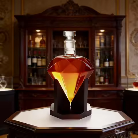 Luxury Crystal Whiskey Decanter with Wooden Stand - Diamond Shape Liquor Dispenser for Bourbon Scotc