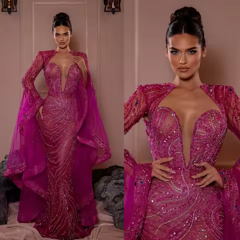 Fashion Sequins Evening Dresses Rhinestone Prom Dress Beading Flare sleeve See Through Mermaid Party