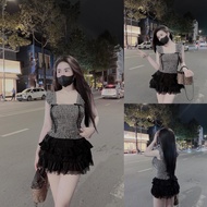 Set of 2-piece fairy-wing shirt with checkered elastic and lace skirt for luxurious going out, big s