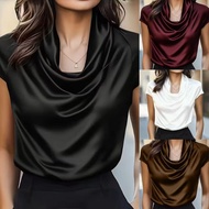 Women's Satin Cowl Neck Blouse - Short Sleeve Top for Office & Party Wear