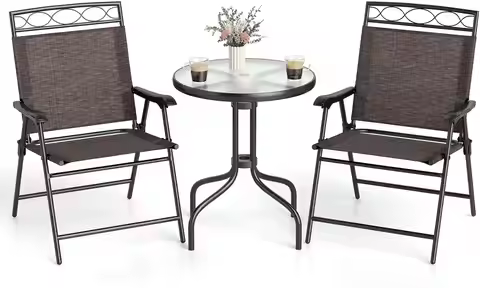 Outdoor Patio Use, Tempered Glass and Folding Chair 3 Piece Bistro Set with Umbrella Hole