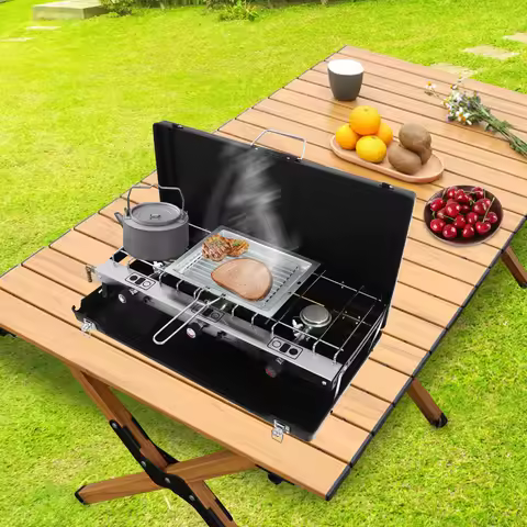 Portable Camping Stove with Griddle 3 Burner Propane Gas Stove Adjustable Windshield Folding for cam