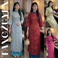 Modern slim-fit ao dai with button collar and brocade silk sleeves + wide-leg pants for going out at