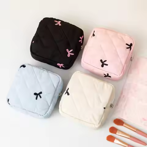 Gift Bow Sanitary Napkin Organizer Bag Coquette Quilted Small Makeup Bag Cotton Keychain Earphone Co