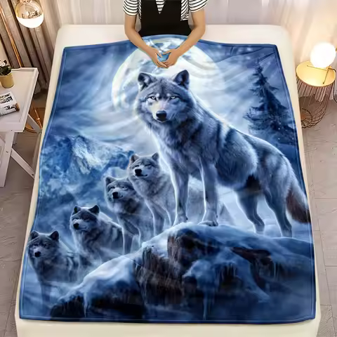 Wolf Pack Moonlight Mountain FlannelBlanket Wild AnimalNatureThemeSoft Throw for Couch Bed Room Deco