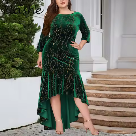 Plus Size Women Dress O Neck 3/4 Sleeve Velvet Mermaid Dresses For Women Autumn Elegant Sparkling Pa