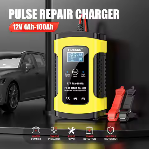 FOXSUR 12V 5A/6A Full Automatic Battery Charger 4AH-100AH for AGM GEL EFB Lead-Acid Motorcycle Elect