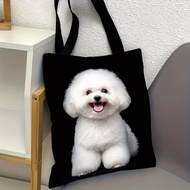 1PC Elegant Bichon Frise Puppy Tote Bag - White Dog Print on Black Suitable for Home Decor, Gift, Ca