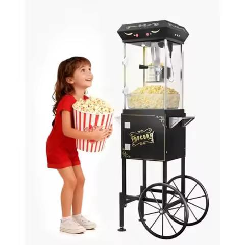2025 Upgraded 8 oz Popcorn Machine Cart with Stainless-Steel Kettle Makes Up to 32 Cups Movie Theate
