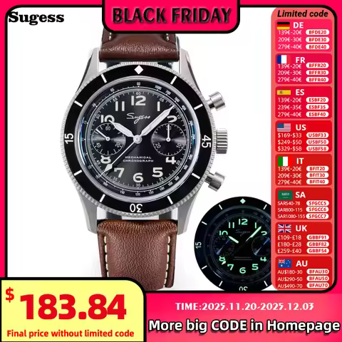 Sugess Pilot Watch Handwind Chronograph Mechanical Wristwatches Luminous Skeleton Men Watches Crysta