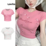 Lovito Cute T-Shirt Plain Bow Embroidery T-Shirt for Women L88AD188