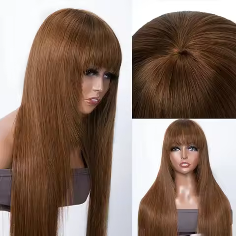 Reddish Brown Bangs Wigs Human Hair Wig Peruvian Auburn Brown Straight Hair Wig With Bangs Virgin Hu