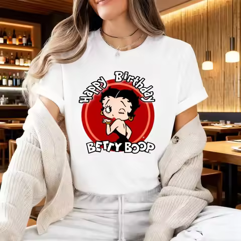 Winking Betty Boop in Red Circle Happy Birthday TShirt Retro Style Women Casual Cotton Short Sleeve 