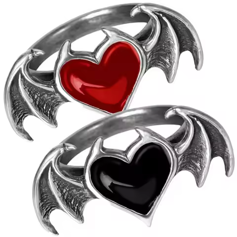 Metal Punk Dark Soul Demon Bat Rings Men Women Black Red Gemstome Heart Finger Jewelry Ring Hip Hop 
