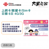 中國聯通 - 【日韓】日本 韓國 6日 4G/3G無限上網卡數據卡Sim卡電話咭 (每日首1GB高速數據) 香港行貨