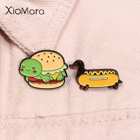 Cute Burger Turtle Enamel Pin Cartoon Dachshund Wiener Badger Sausage Dog Hotdog Food Brooch Lapel B