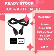 [P12] Well Shin AC Power Cord PDU Extension Cable IEC 60320 C19 → C20 | 1.8 M | 16 A / 250 V – Black