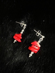 夏季草莓煉乳 不對稱 天然紅珊瑚 925銀 原創手作小眾串珠耳環
