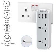 2 Way Extension Plug Adaptor UK with 3 USB, Multi Plugs Extension Adapter, 13A UK 3 Pin Wall Charger Socket Power Extender for Home, Kitchen, Office