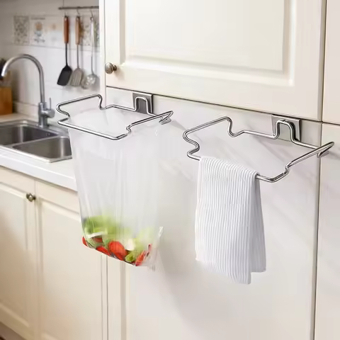 Stainless Steel Kitchen Garbage Bag Rack Cabinet Door Wardrobe Kitchen Rubbish Storage Bag Hook Clos