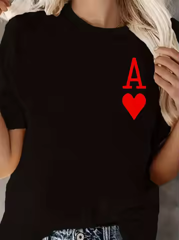 Ace of Hearts Graphic Fashion Round Neck Short Sleeve T-Shirt for Woman 90s Vintage Style T Shirt Wo