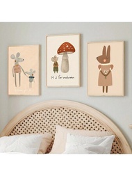 3入組卡通兔子老鼠可愛動物帆布印刷壁畫波希米亞風格裝飾海報,適用於嬰兒女孩房間裝飾,無框