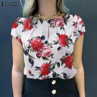 Fancystyle ZANZEA เสื้อเสื้อพิมพ์ลายลายดอกไม้ของผู้หญิงเสื้อสตรีคอกลมตัดแฟชั่นวันหยุด #12