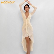 [Mocholy] AC858 and Style Spring New Solid Color Pleated Slim High Waist Fashion V-neck Long Sleeve 