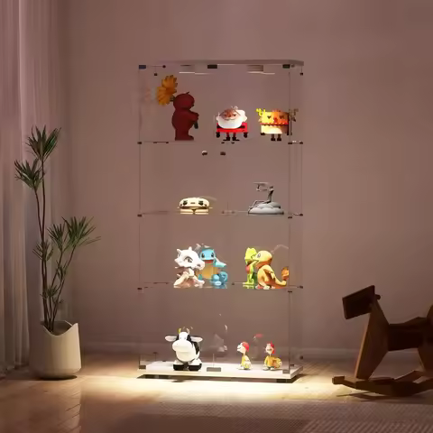 Glass Display Cabinet with Lights and Lock, 4-Tier Display Case Curio Cabinet with Glass Door, Floor