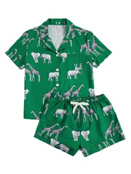 Women's Sleepwear Animal Print Button Front Short Sleeve Shirt and Shorts Lounge Pajama Set