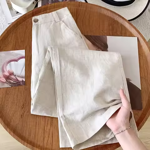 Fashion Cotton Linen Straight Pants for Women Summer Thin High Waist Slim Fit Pants Female Causal Lo