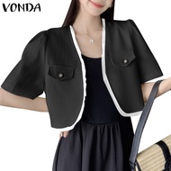 VONDA Women Korean  Short Sleeves Opening Placket Pocket lid Blazer