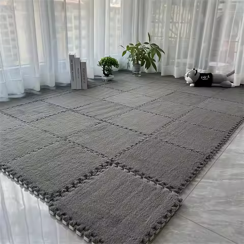 12Pcs Interlocking Carpet Tiles 11.8"x11.8", Washable Non-Slip EVA Polyester Floor Mat, Cuttable DIY