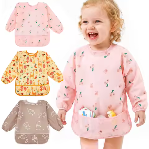 Kids Art Smock Painting Apron Waterproof Boys Girls Feeding Bibs Long Sleeve Apron Elastic DIY Art S